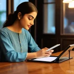 Home 11 문학과 음악 - **Classical Urdu Poetry in a Modern Cafe Setting**
A young woman in her early twenties, wearing ...