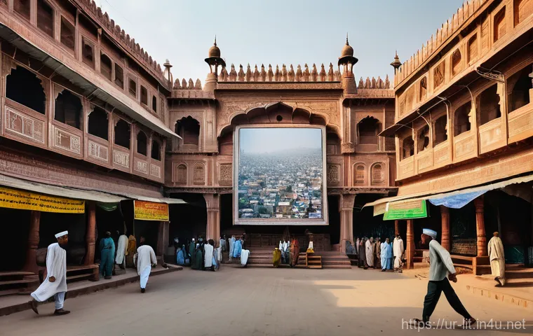 포스트모더니즘 문학 - **Prompt:** A bustling street scene in a historic Pakistani city, such as Lahore, viewed through a s...