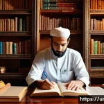 Home 20 문학에서의 윤리 문제 - A thoughtful Urdu writer in traditional attire sitting at a wooden desk covered with open books and ...