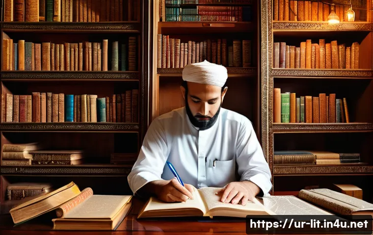 문학에서의 윤리 문제 - A thoughtful Urdu writer in traditional attire sitting at a wooden desk covered with open books and ...