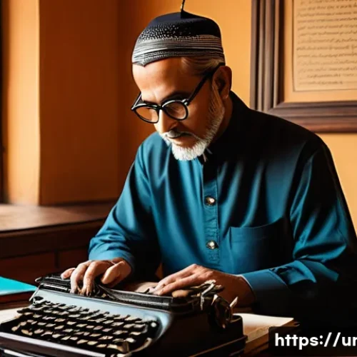 Home 31 번역 문학의 의미 - A sophisticated illustration of a professional Urdu translator at work in a cozy study room filled w...