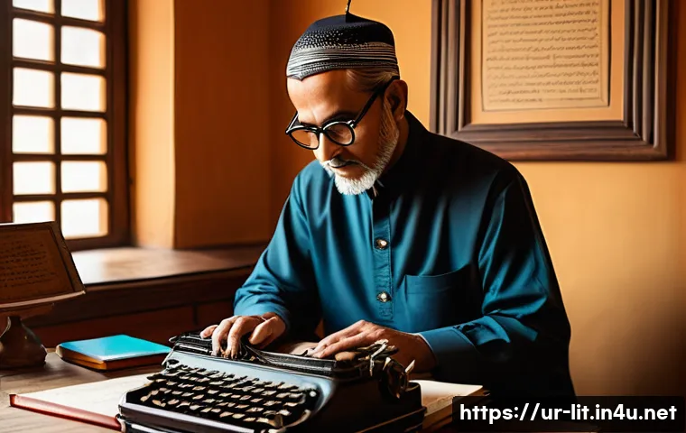 번역 문학의 의미 - A sophisticated illustration of a professional Urdu translator at work in a cozy study room filled w...