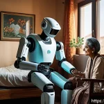 Home 18 SF 문학과 기술 발전 - A futuristic nursing robot assisting an elderly patient in a traditional Pakistani home setting, fea...