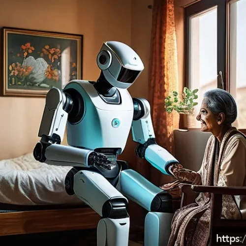 Home 30 SF 문학과 기술 발전 - A futuristic nursing robot assisting an elderly patient in a traditional Pakistani home setting, fea...