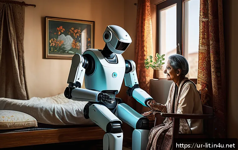 SF 문학과 기술 발전 - A futuristic nursing robot assisting an elderly patient in a traditional Pakistani home setting, fea...