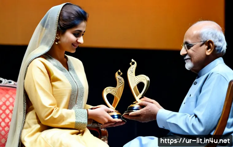 Home 17 문학상과 문학적 권위 - Photorealistic Pakistani literary award ceremony in an elegant Lahore cultural hall, a dignified Urd...